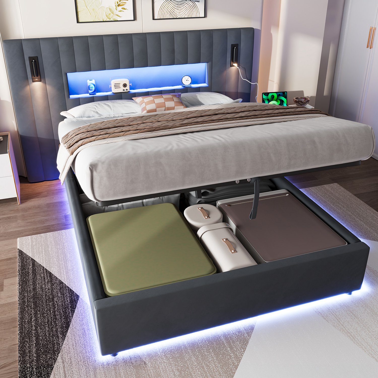 CHICFURN Gestoffeerd Bed 140x200 cm - Voor moderne slaapkamers - USB-poorten en leeslampjes - Hydraulisch opbergbed - Fluweel en su猫de - Donkergrijs