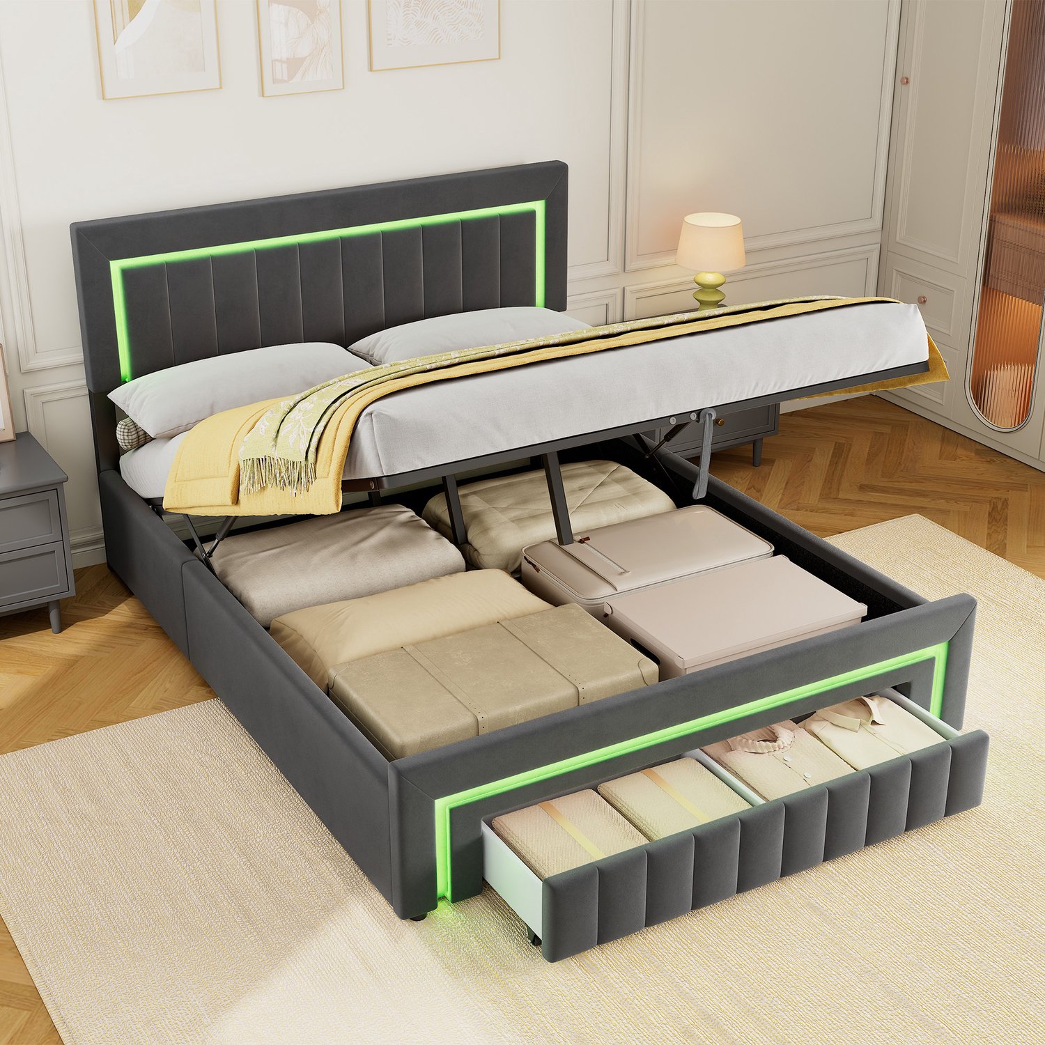 CHICFURN Gestoffeerd Bed 160x200 cm - Moderne slaapkamer - LED-verlichting - Lattenbodem met lades - Fluweel - Donkergrijs