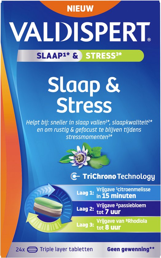 Valdispert Slaap & Stress. TriChrono Technologie met 3 lagen. Citroenmelisse, passiebloem, Rhodiola. 24 tabletten.