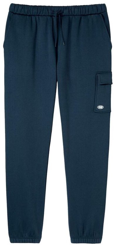 Donkerblauwe joggingbroek met cargozak op het been, elastische tailleband met trekkoord en elastische boorden onderaan.