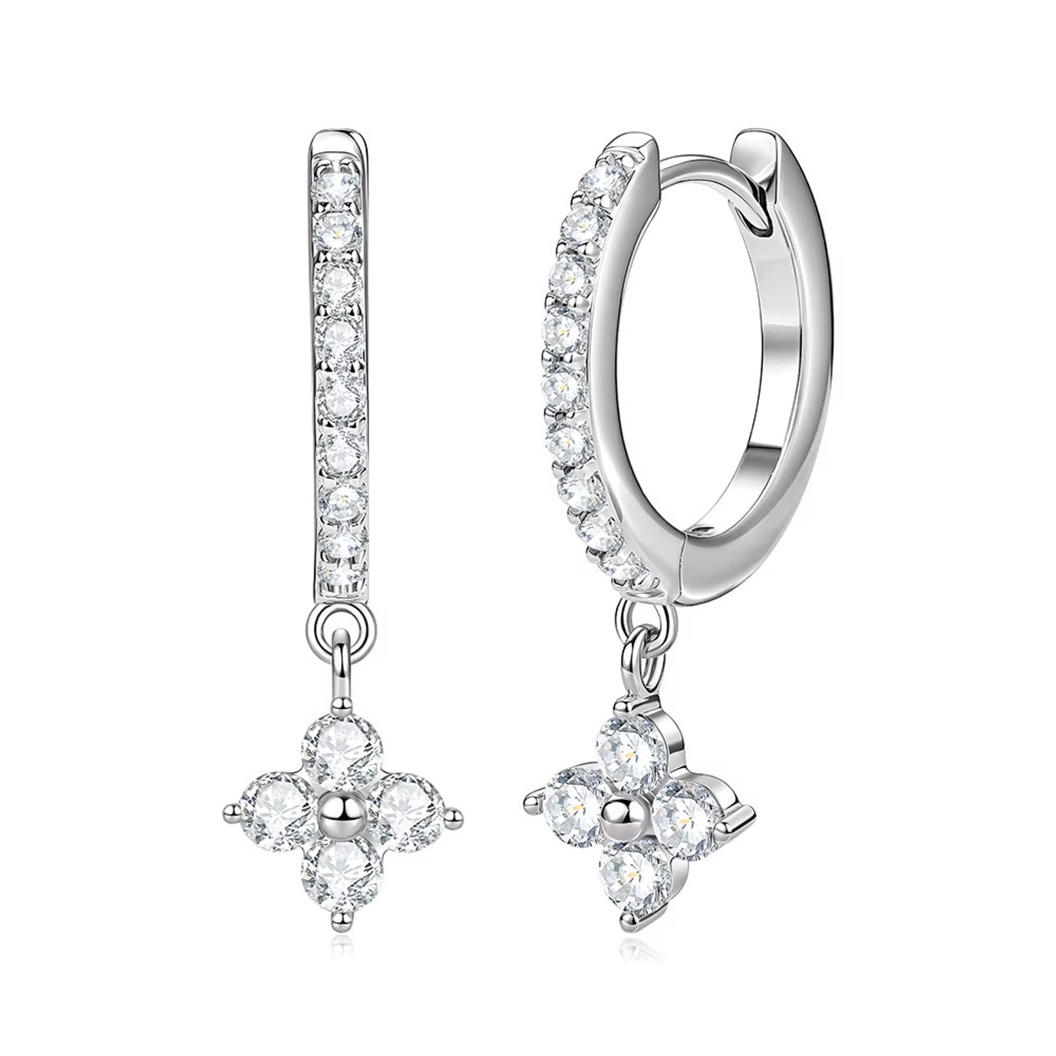 Selevie Oorringen met Klaverhanger en Moissanite - Witgoud - D VVS1 - Clover leaf hoops