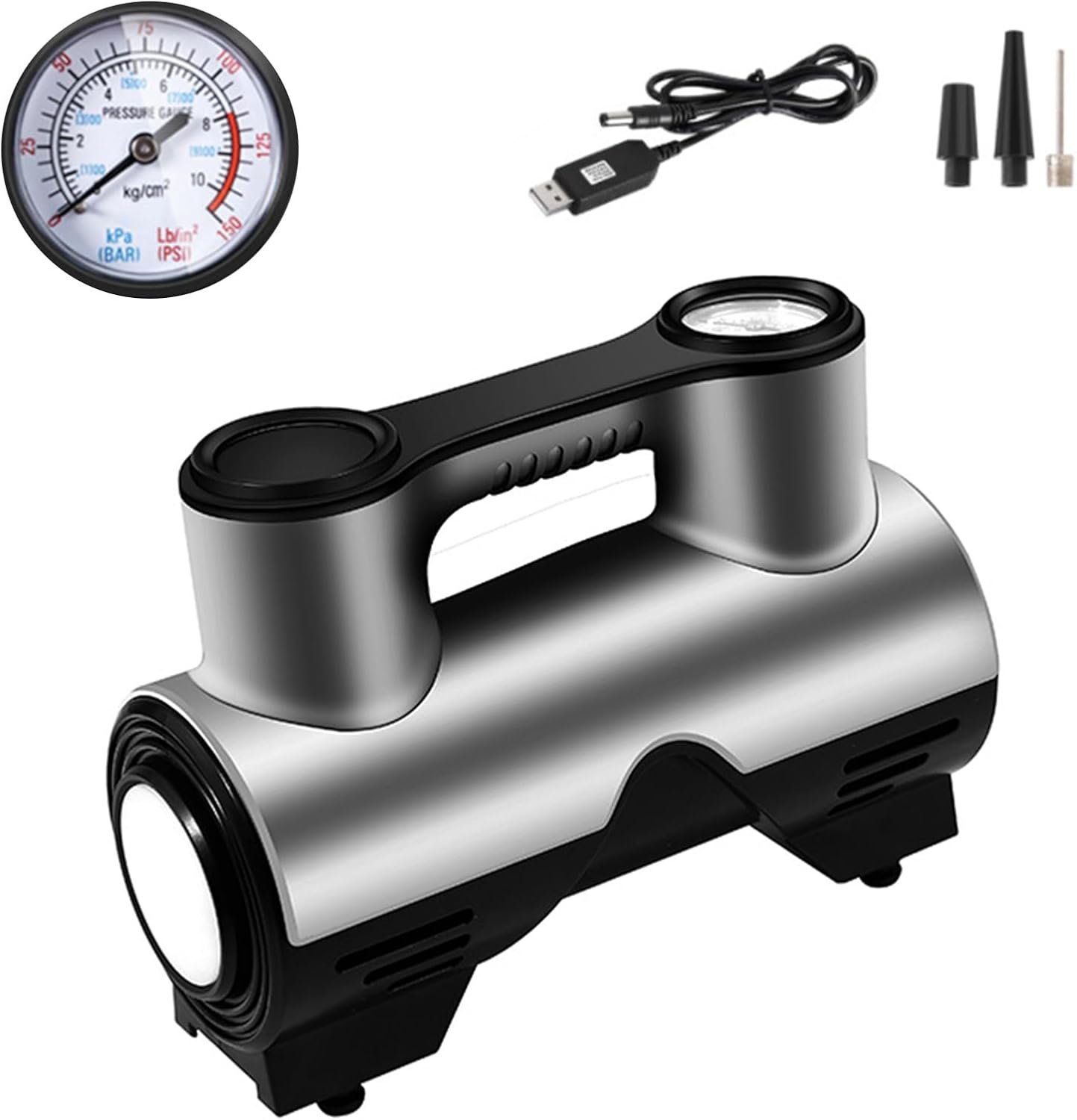 Bandenpomp Auto 120W - Elektrische Autobandenpomp met Automatische Uitschakeling en LED-verlichting - Draagbare Luchtcompressor met Wijzerdrukmeter - 3 Mondstukken - Voor Auto, Motor, Fiets en Bal