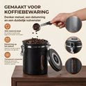 Zwarte RVS koffiebus met transparant kijkvenster, datumring op het deksel en bijgeleverde maatlepel.