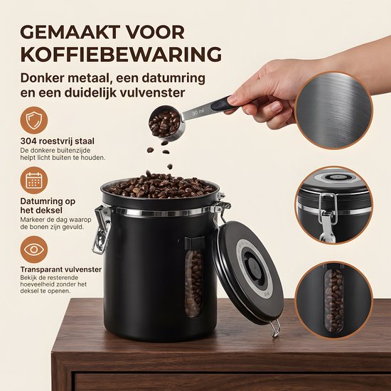 Zwarte RVS koffiebus met transparant kijkvenster, datumring op het deksel en bijgeleverde maatlepel.