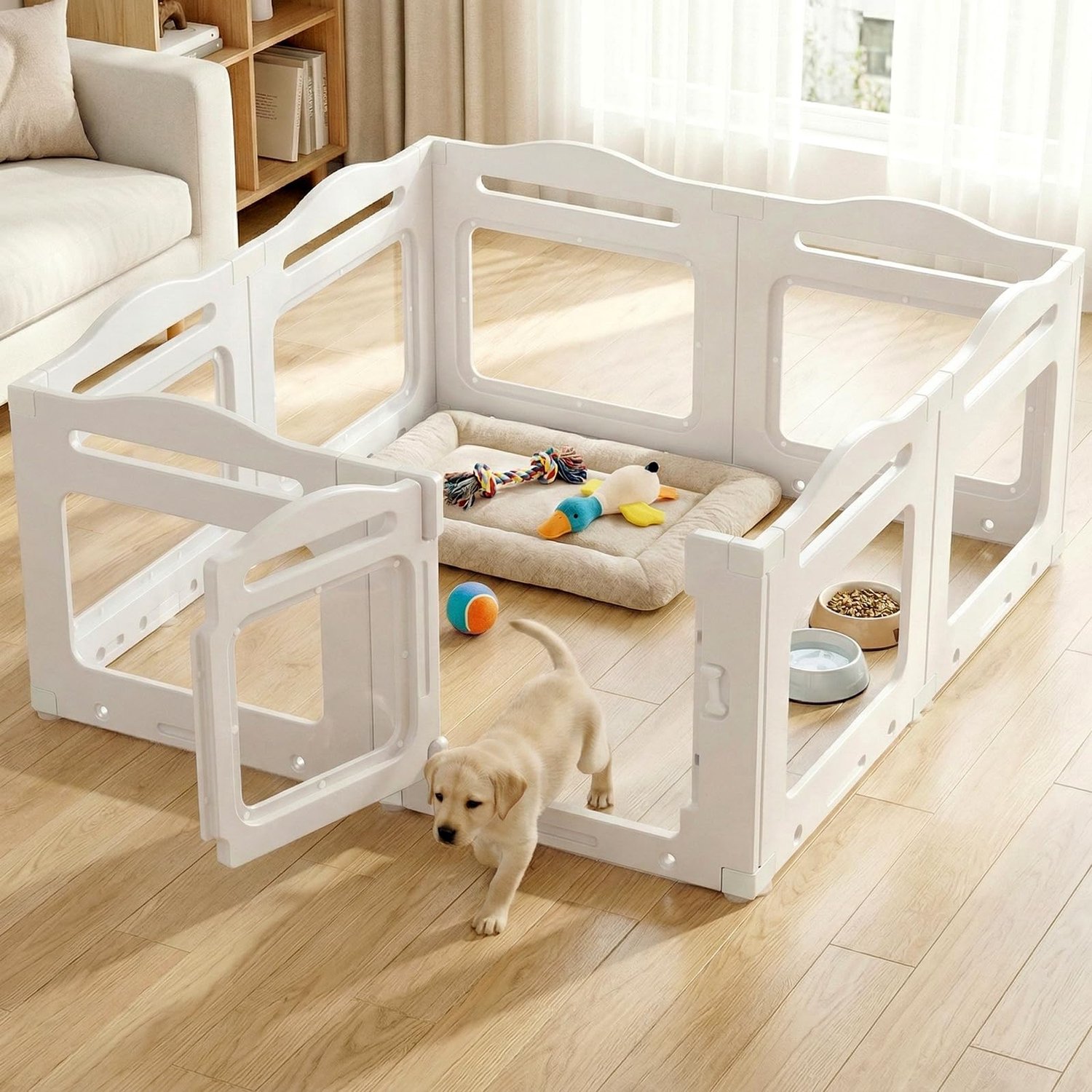 MAMIZO Acryl hondenbox - Puppy uitloop - 129 × 129 x 60 cm - 8 stuks - opvouwbare - met zuignap - Wit