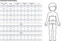 Maattabel voor kinderkleding met lichaamsdiagram en afmetingen voor borst, taille en heupen.
