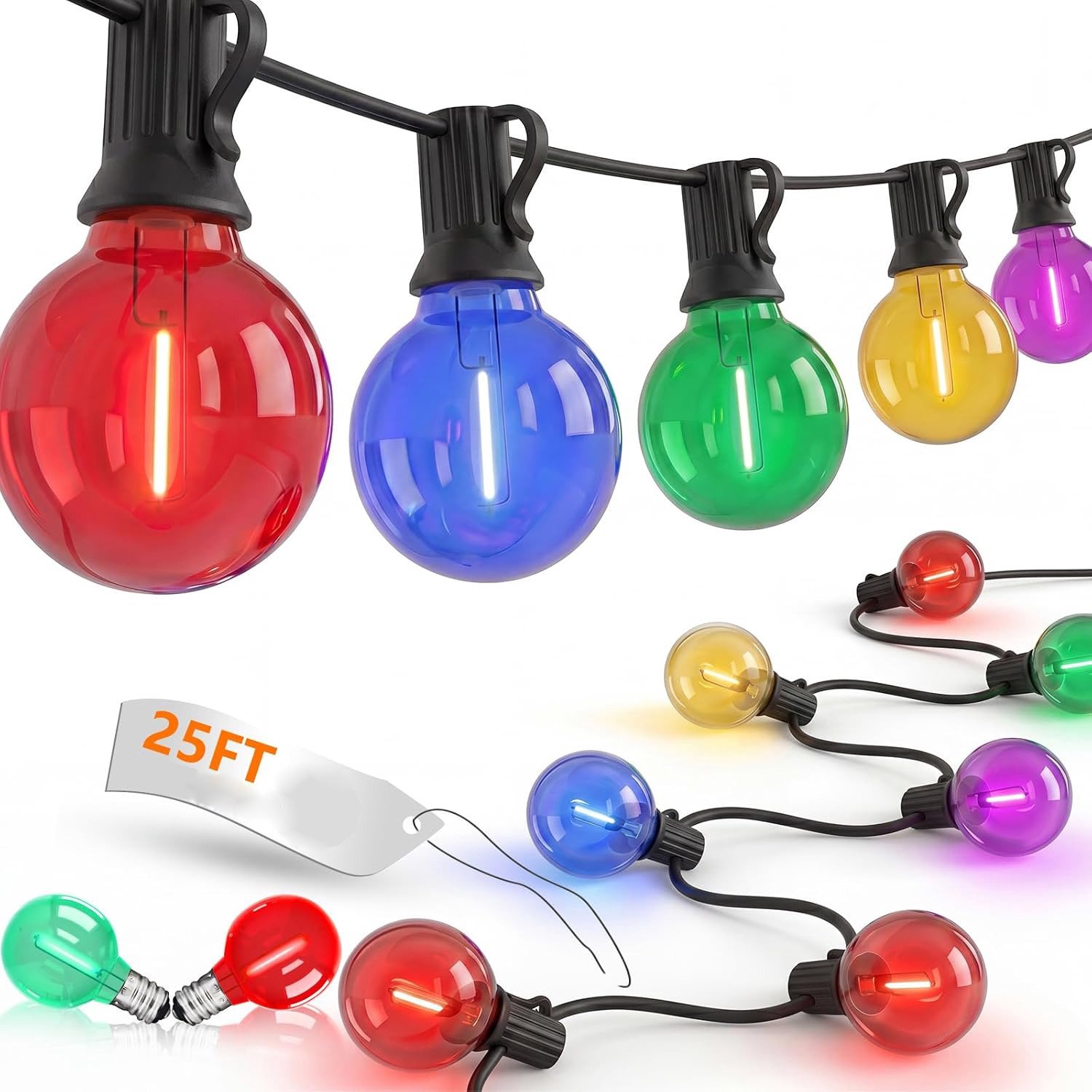 25ft (ca. 7,6 m) G40 LED-kerstverlichting voor buiten (multicolor) – 10 waterdichte bolvormige lampen voor terras, koppelbaar – geschikt voor achtertuin, veranda, tuin, bistro en feestjes