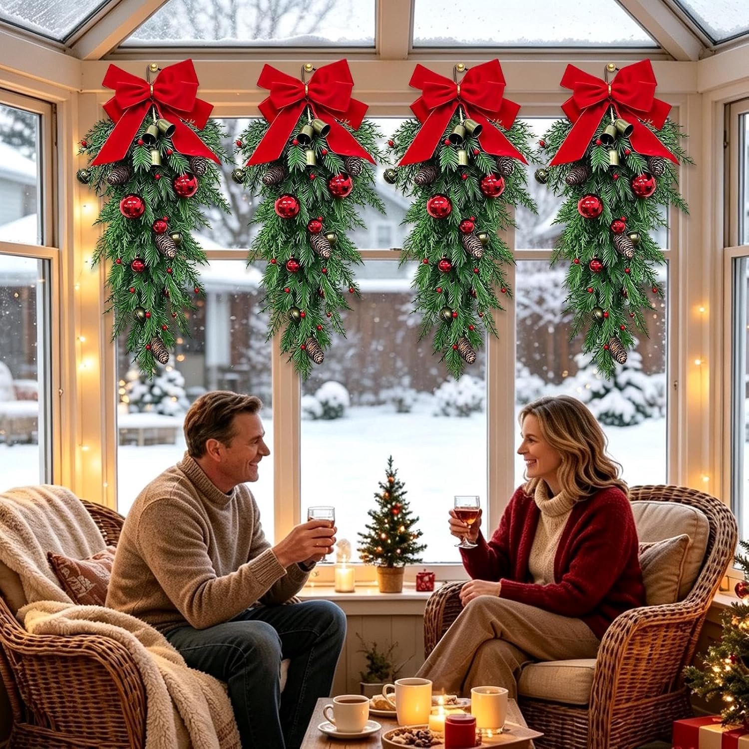Kerstkrans - Kerstbeldecoratie - Kerstversiering - Kerstdeurhanger - Kerstdecoratie - 70 cm, met verlichting - Geschikt om op te hangen aan woonkamermuren, ramen, trappen en deuropeningen om een feestelijke sfeer te creëren - Groen – foto 5