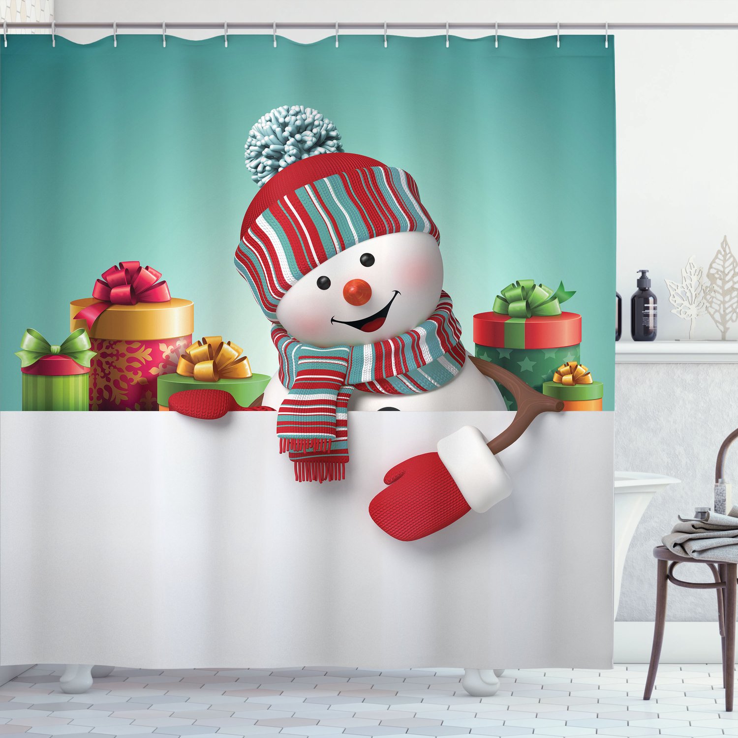 ABAKUHAUS Kerstmis- Douchegordijn, Snowman and Boxes, stoffen badkamerdecoratieset met haakjes, 175 x 180 cm, Veelkleurig