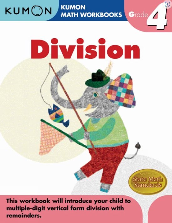 Kumon wiskundewerkboek voor groep 4: Delen, met een illustratie van een olifant die vist.