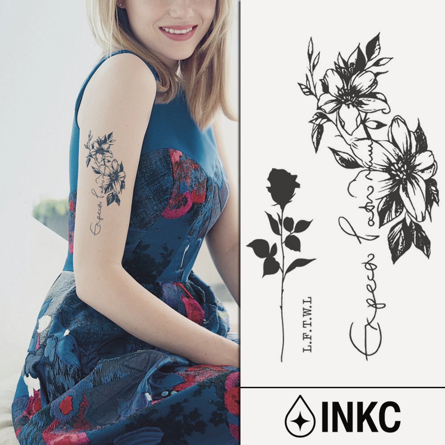 INKC - Tijdelijke Tattoo - Bloemen en Roos - Nep Tattoo - Plak Tattoos - Blijft tot 2 weken - 11 x 18cm