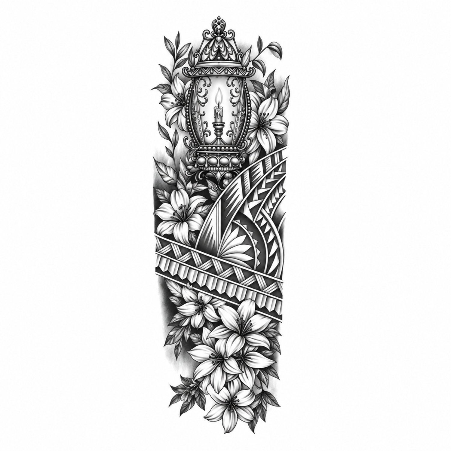 INKC - Tijdelijke Tattoo - Kompas en Bloemen Polynesian Sleeve - Nep Tattoo - Plak Tattoos - Blijft tot 2 weken - 16 x 47cm