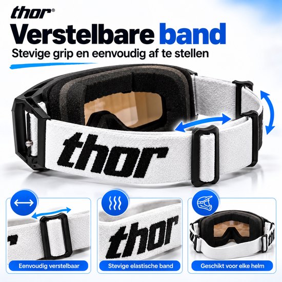 Zwarte motorcrossbril met "thor"-logo op de verstelbare witte band. Toont de eenvoudige verstelbaarheid en stevige elastische band.