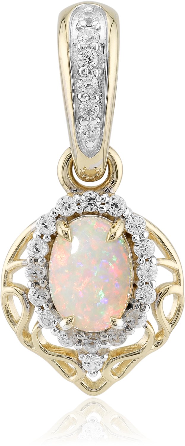 Cavill - 9 Karaat Geelgouden Hanger - Mintabie Opaal Ovaal Cabochon 0,41 ct - 23 Tanzaniaanse Zirkonia's - Luxe Elegante Dameshanger