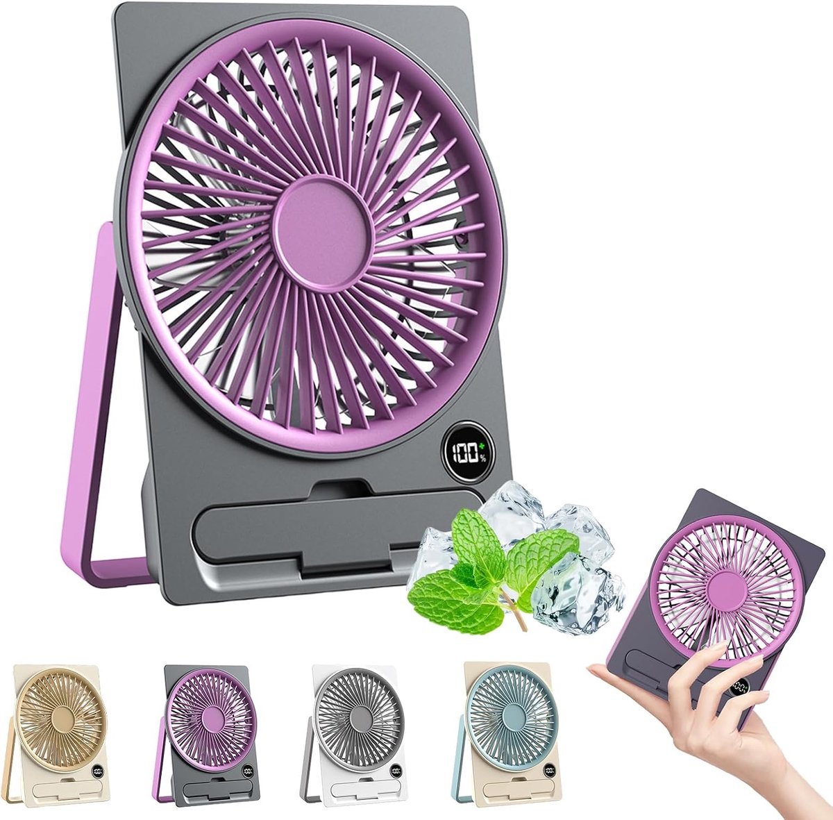 Bureauventilator – Ultradunne, oplaadbare USB-miniventilator – 180° verstelbaar & inklapbaar – Met telefoonhouder – 6 snelheidsstanden – Slim lcd-scherm – Geschikt voor kantoor en slaapkamer – Paars