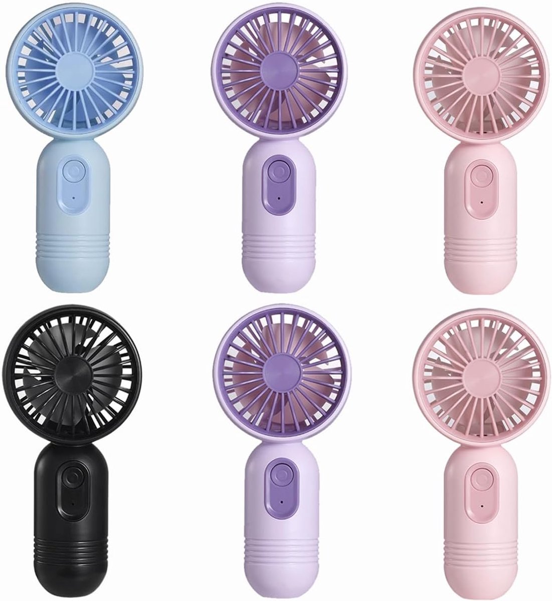 Mini draagbare ventilatoren, set van 6, schattige handventilatoren, op batterijen, lichtgewicht en draagbaar, 3 windsnelheden, USB oplaadbaar, wimperventilator, unisex, geschikt voor kantoor, buiten, reizen en kamperen.