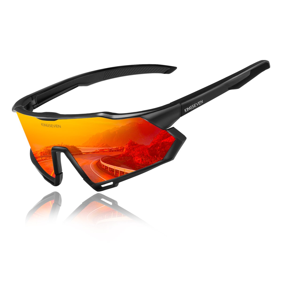Kingseven Slim Wielren Zonnebril UV400 – Zwart Frame – Rood Spiegelglas – 918