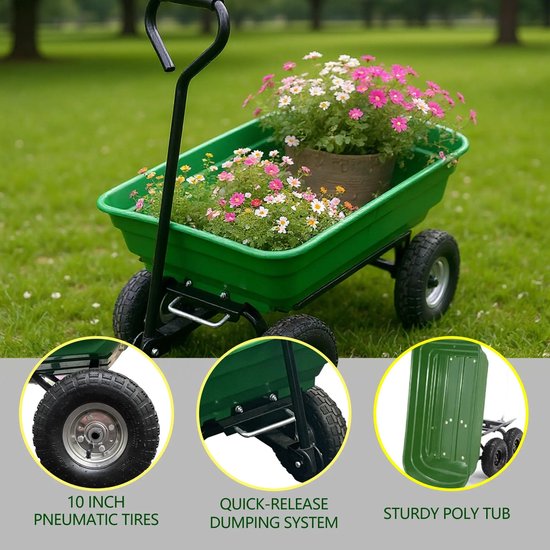 RosaBloom Tuinwagen - Kruiwagen met 4 wielen - Handkar - Grote Laadcapaciteit - 93 x 50.5 x 51 cm - Staal Polyethyleen - Groen — afbeelding 4