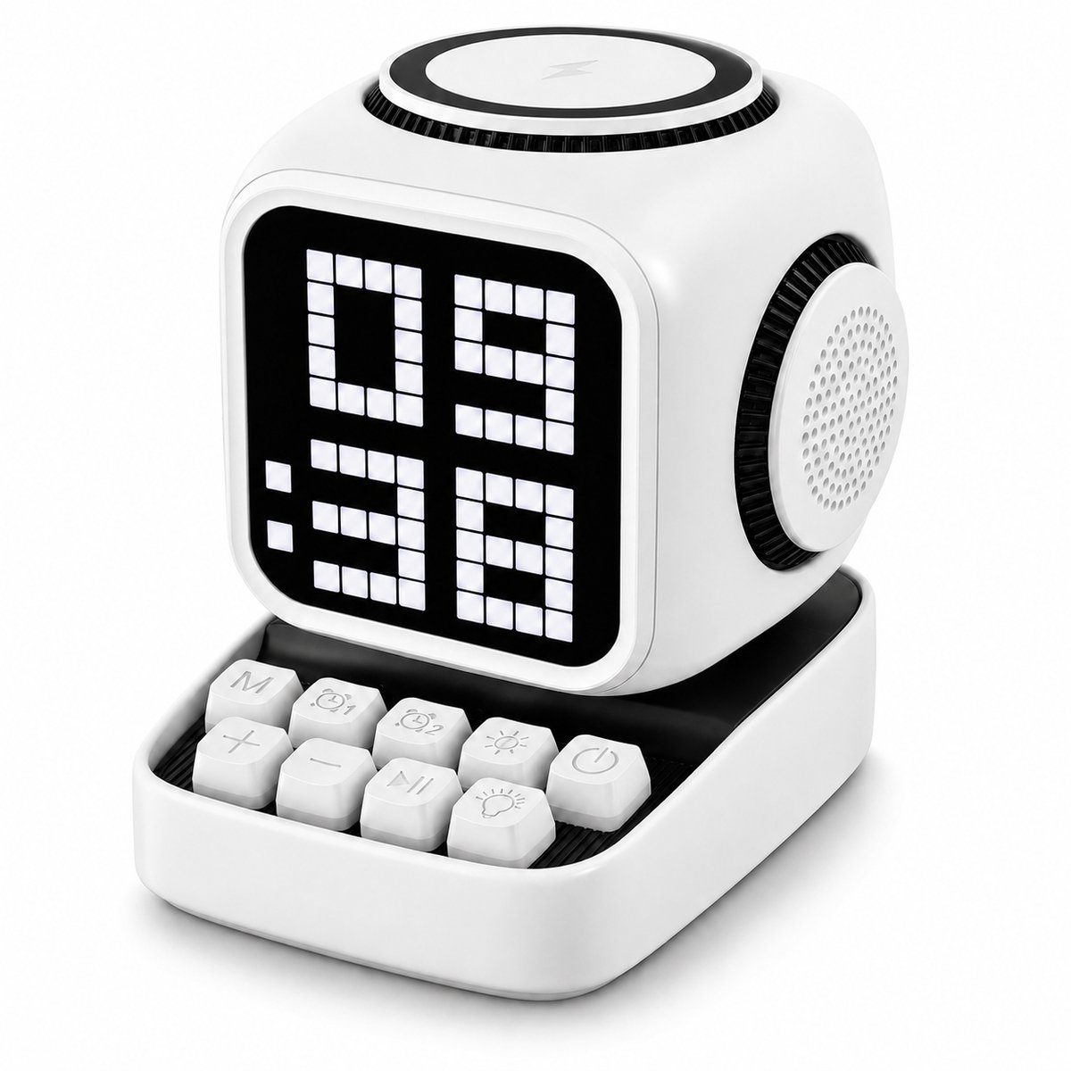 Gloovon® - Draadloze Bluetooth Speaker - Desktop Speaker - Muziek Box - Met draadloze oplaadfunctie - Aanraakinteractie - Met elektronische wekkerfunctie - Pixelstijl - Wit