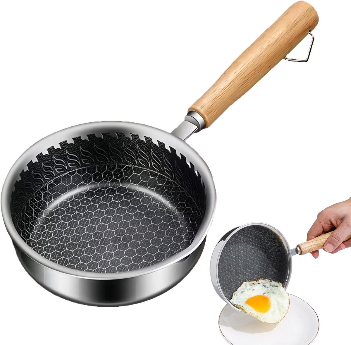 Roestvrijstalen Pan Mini Pan Koekenpan Kleine Gerechten Bereiden Antiaanbaklaag Houten Handvat 14 cm Zilver