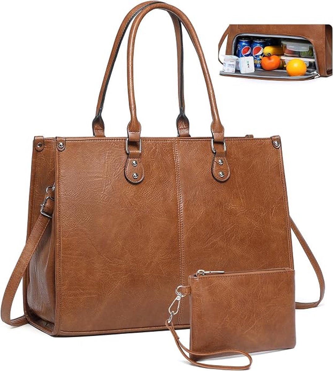 COOAU - Grote Dames Werktas met Kleine Portemonnee - Vintage Imitatieleer Laptop Schoudertas - Waterbestendige Forenzen Handtas voor Kantoor School Picknick