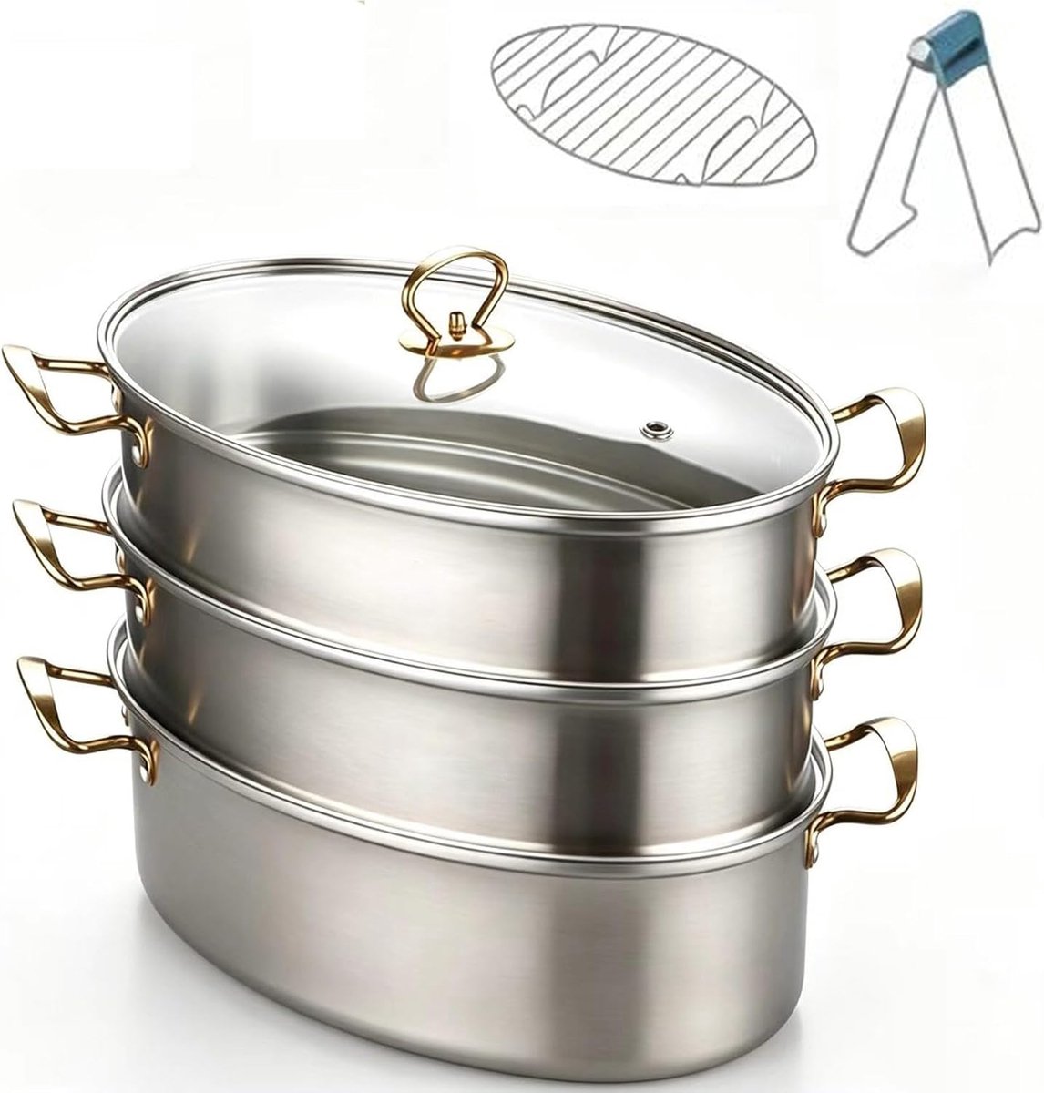 Ovale Stoompan Vis Stomer Gezond Koken Roestvrij Staal 304 3 Lagen Zilver