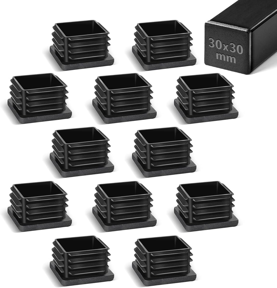 Lamellenstoppen - Buisdoppen - Meubels Beschermen - Versterkte Ribben - 30x30 mm 12 Stuks - Zwart