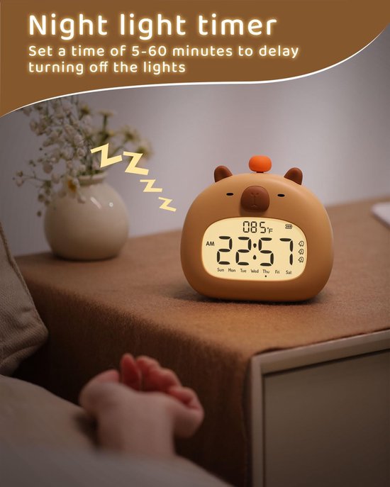 Capibara wekker kinderen - Nachtlampje wekker Digitale klok - Kinderen leren slapen - Met nachtlampje functie - 315 inch - Bruin — afbeelding 4