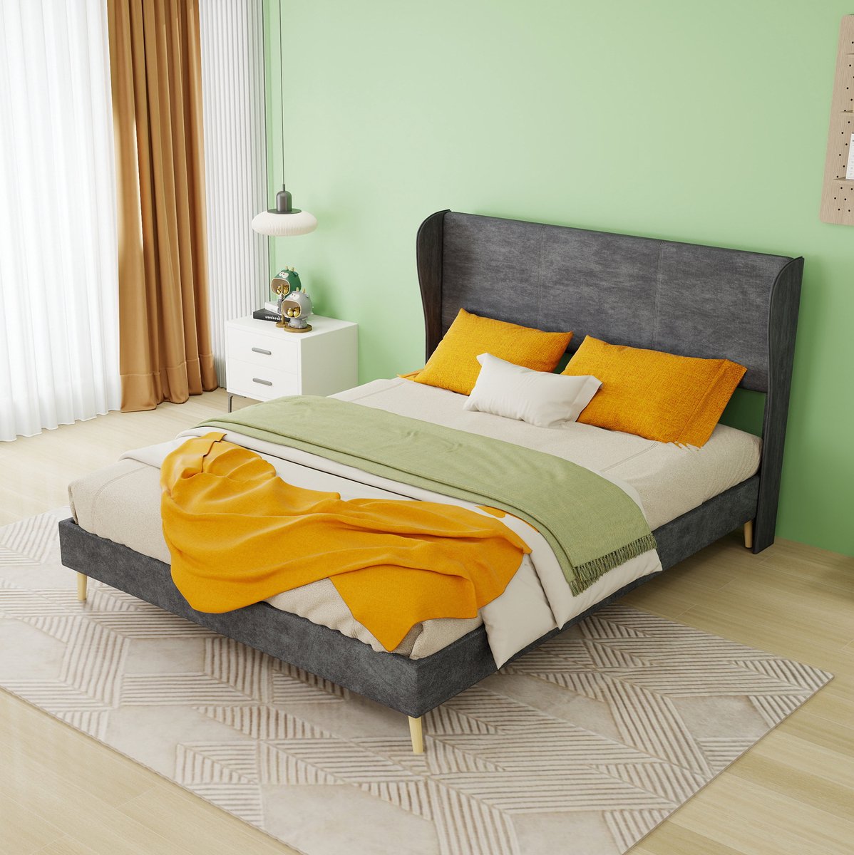 MEUNIQ Tweepersoons bedframe 140x200 cm met gestoffeerd hoofdbord en lattenbodem, laag profiel, grijs, normaal bed voor slaapkamer, matras niet inbegrepen