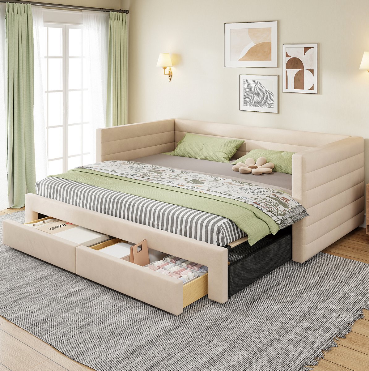 MEUNIQ slaapbank 3-in-1 uitschuifbaar 90 x 190 cm tot 180 x 190 cm, gestoffeerd bed met 2 lades en lattenbodem, beige, voor slaapkamer of logeerkamer