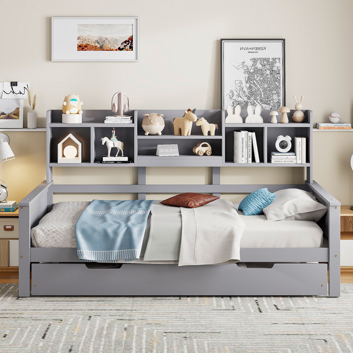 MEUNIQ bedbank 90x200 cm met uitschuifbed 90x190 cm, opbergruimte in rugleuning, lattenbodem, grenenhouten bedframe voor slaapkamer of logeerkamer, grijs