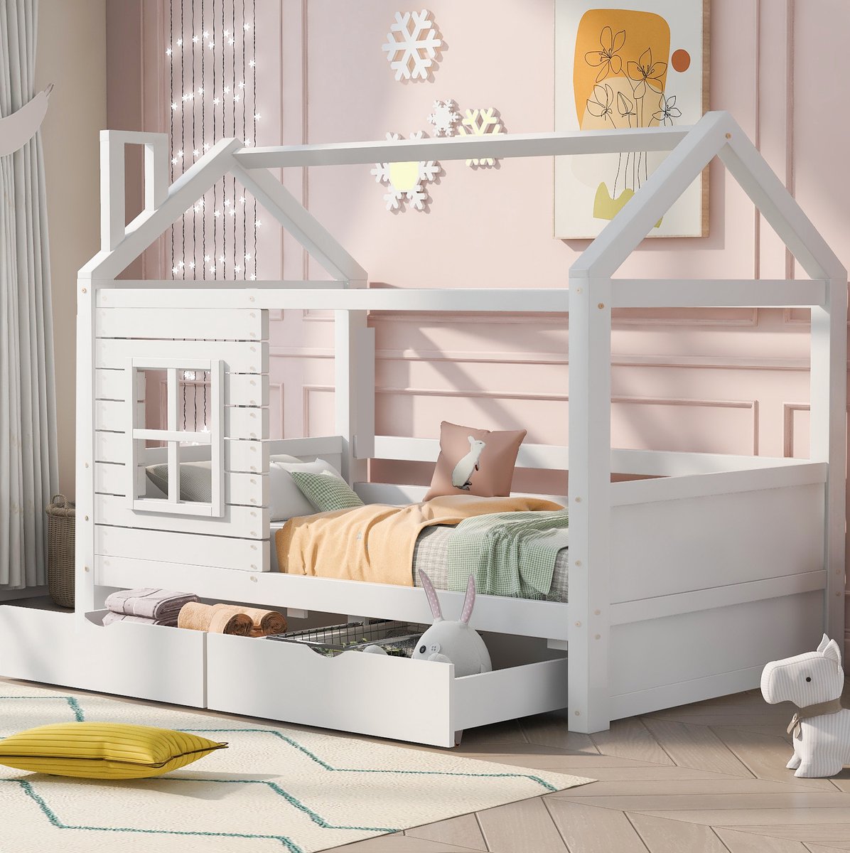 MEUNIQ Huisbed kinderbed 90x200 cm met uitvalbeveiliging, lattenbodem en 2 bedlades, wit grenenhouten bedframe met opbergruimte voor de kinderkamer White