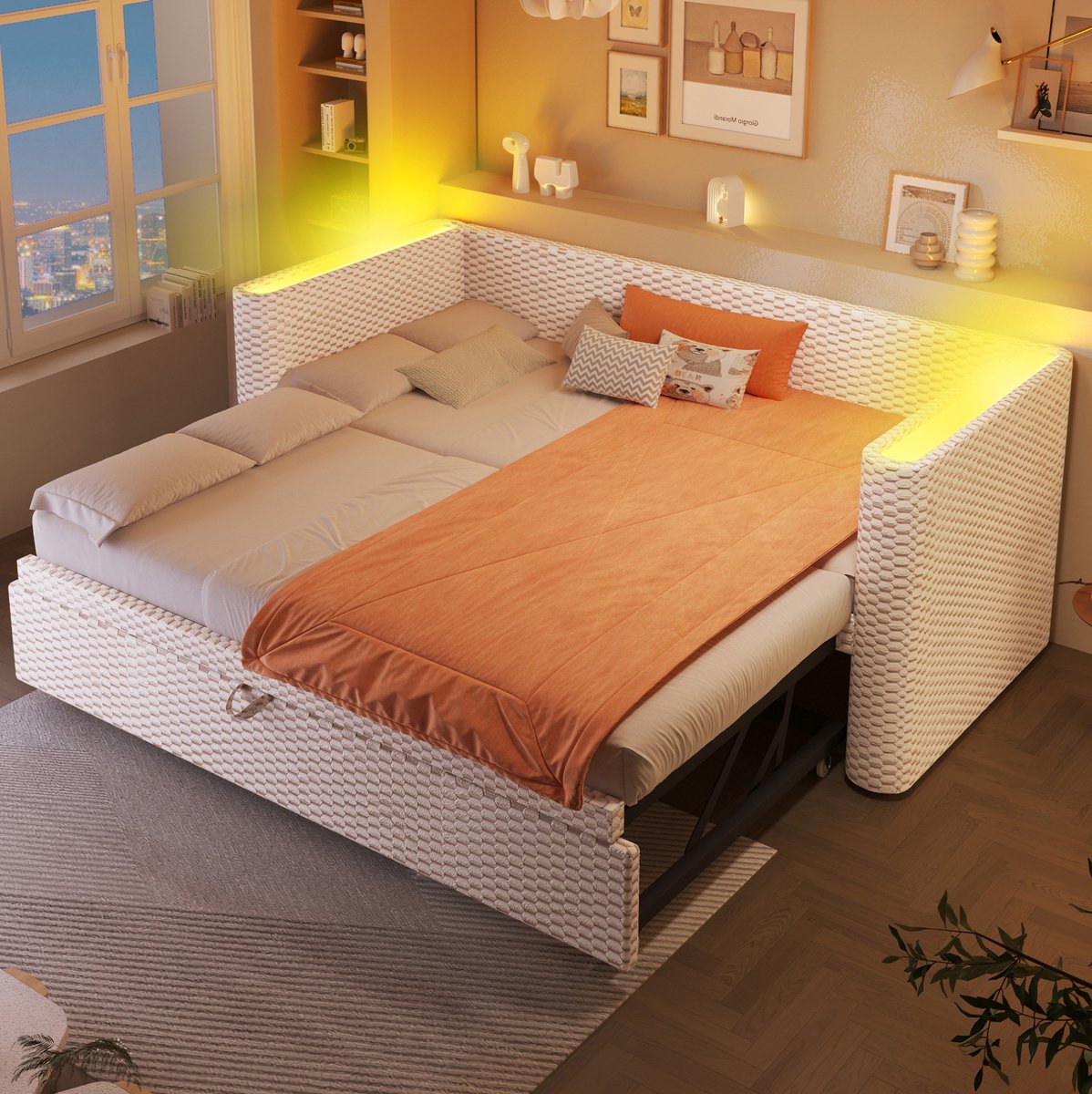 MEUNIQ slaapbank daybed 90 x 200 cm uitschuifbaar naar 180 x 200 cm met LED-verlichting, lattenbodem en velours bekleding voor slaapkamer of logeerkamer, beige