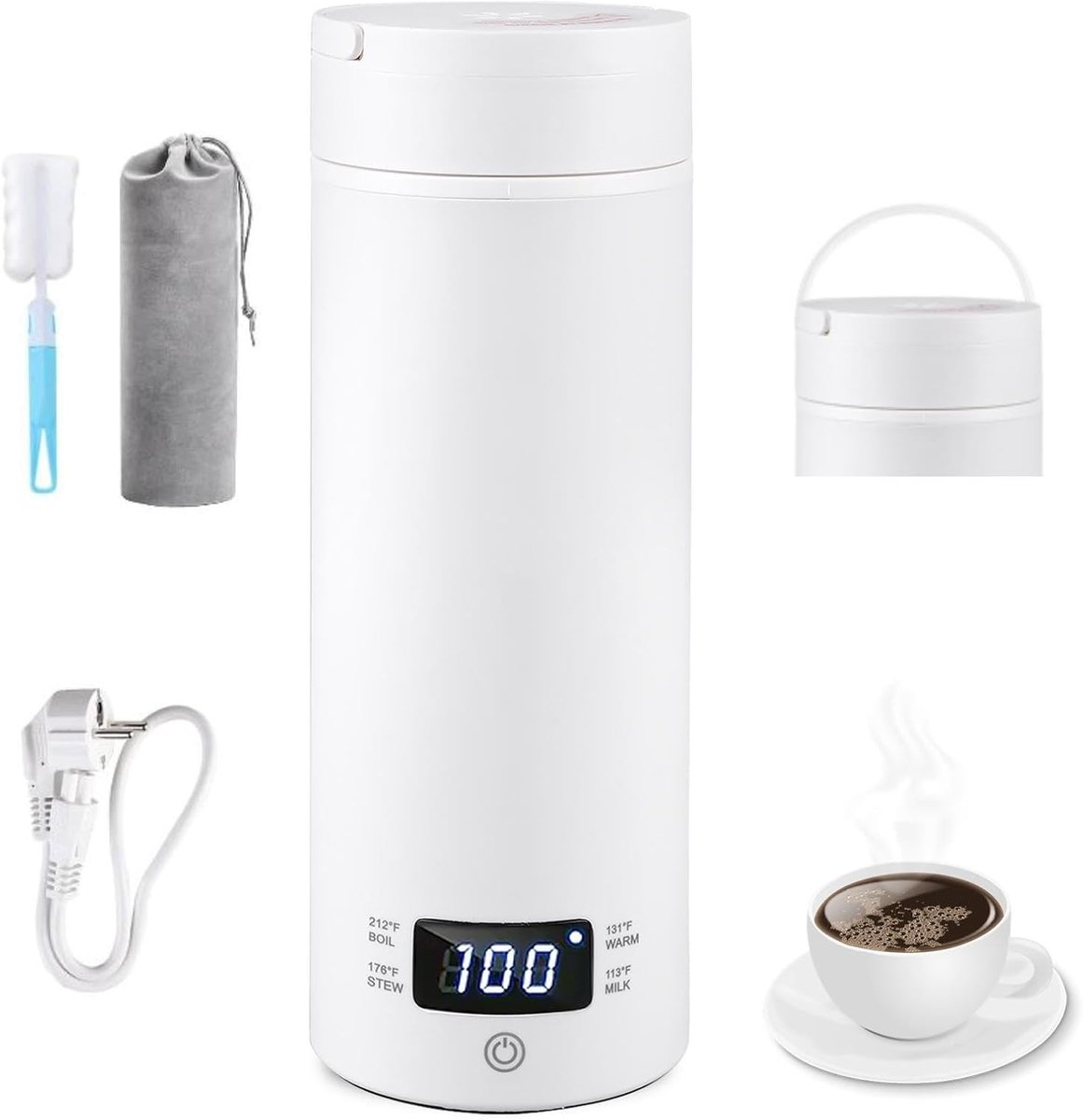 Reiswaterkoker Klein - Draagbare Waterkoker - Water Verwarmen Onderweg - Intelligente Temperatuurregeling - 500 ml - Wit