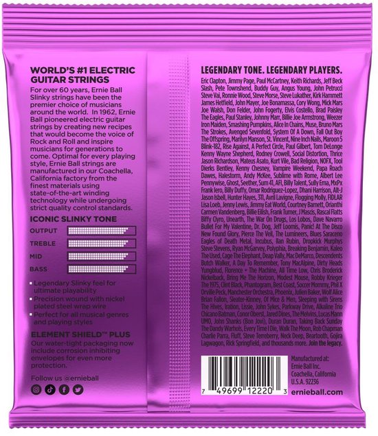 Achterkant van een Ernie Ball Power Slinky gitaarsnaarpakket met informatie over de snaren en beroemde gitaristen.