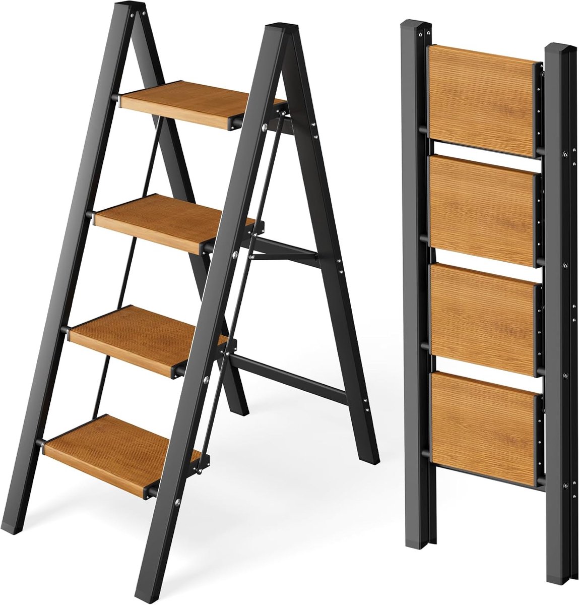 Trapladder Inklapbaar - Opstapkruk Aluminium - Veilig Klussen - Anti-slip Pedaal - 4 Treden - Zwart