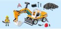Gele Playmobil graafmachine, met een bestuurder, stenen en diverse accessoires zoals een gereedschapskist.