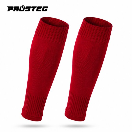 Twee rode Prostec sokkensleeves, ribgebreid.