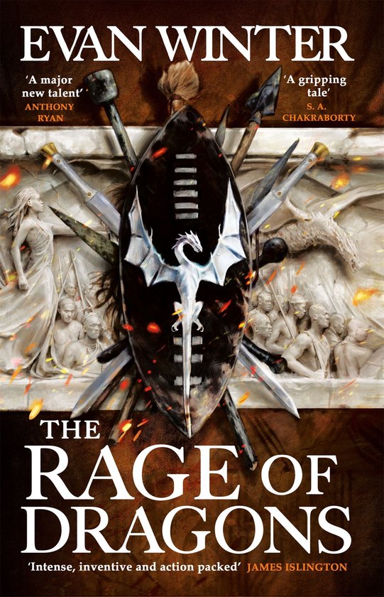 De kaft van "The Rage of Dragons" toont een schild met een witte draak, omringd door wapens en figuren.