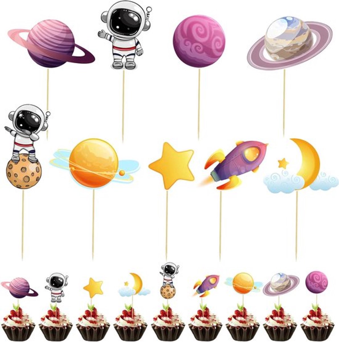 Inovra Plus - Cupcake toppers astronaut thema ruimtefeest decoratie - 36 stuks