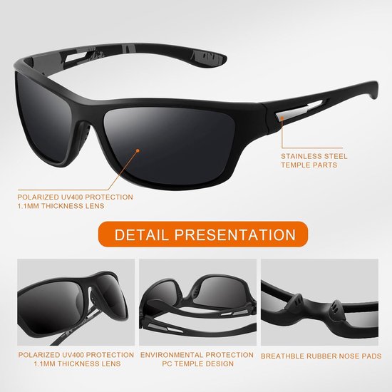 Polariserende Sport Zonnebril - Fietsbril - Hardloopbril - Gepolariseerde Sportzonnebrillen - UV 400-Bescherming - Spiegelglazen - Wrap-Around Model - Autorijden, Fietsen, Hardlopen, Vissen, Rotsklimmen — afbeelding 3