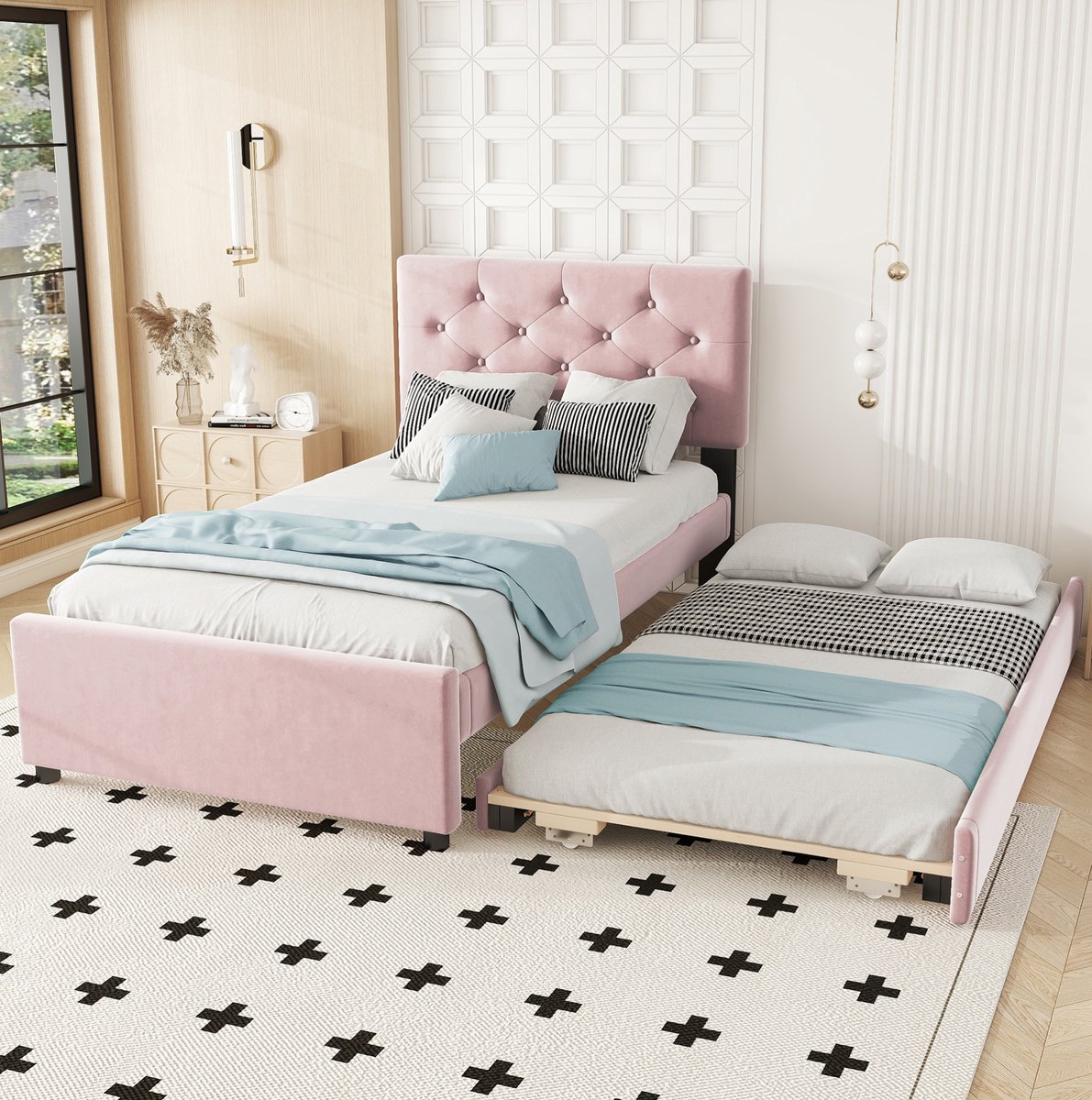MEUNIQ Gestoffeerd bed 90x200 cm met lattenbodem en uitschuifbaar rolbed, fluwelen bedframe met knopen hoofdbord, eenpersoonsbed voor slaapkamer, roze