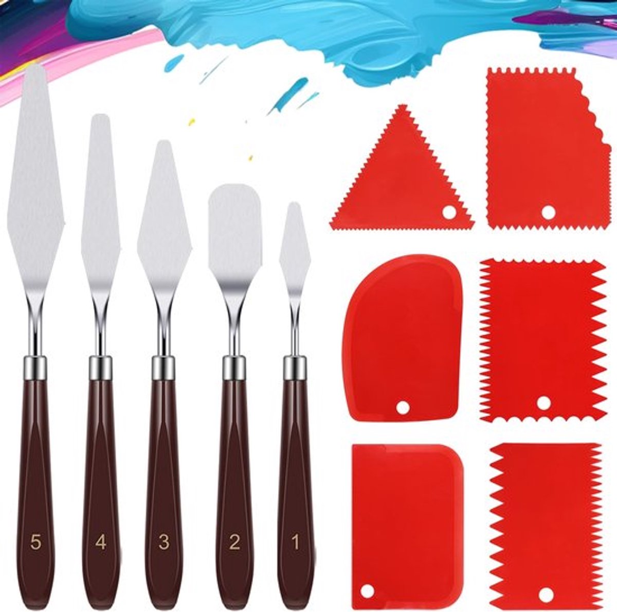 Dailygoods- Verfmes Set van 15 - 9 Paletmessen van Roestvrij Staal - 6 Plastic