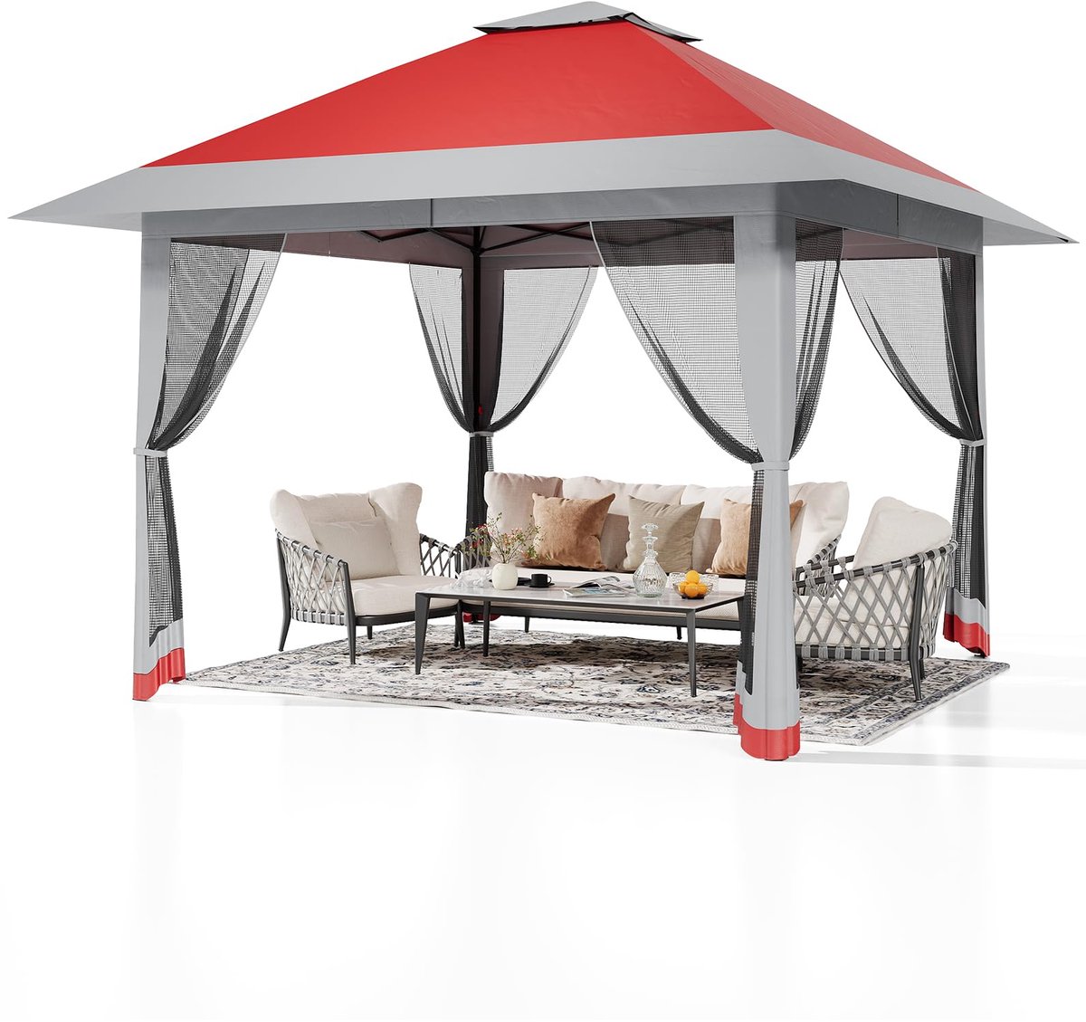 Partytent met Muggennet - 3.9x3.9m - Waterafstotend Pop-up Paviljoen met Zandzakken - UV-bescherming - Ventilatie - Voor Terras, Tuin, Camping en Grillen - Rood