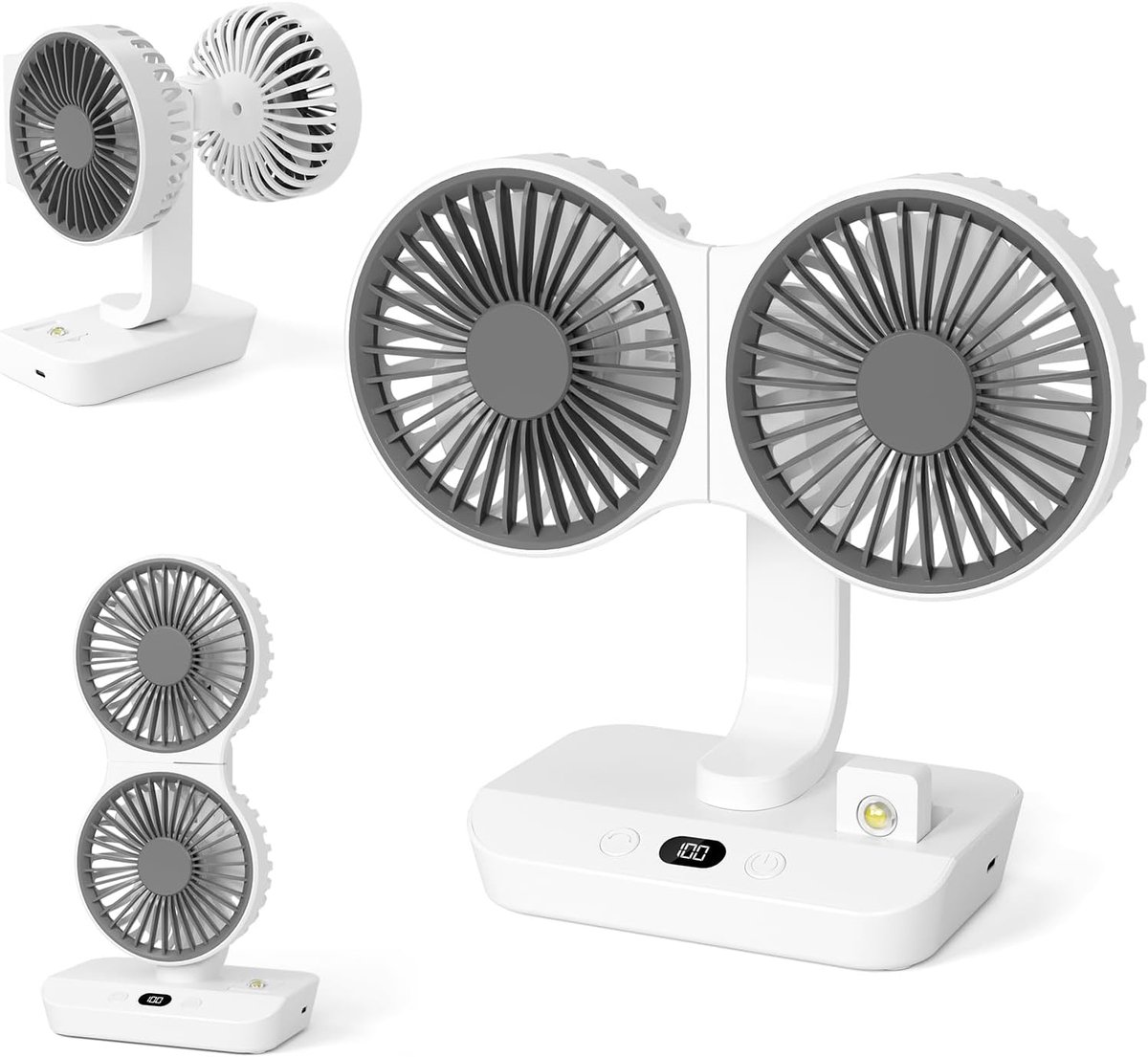 LISM - Dubbele tafelventilator met LED-verlichting, oplaadbare draagbare miniventilator via USB, stille tafel- en wandventilator, draaibaar in meerdere hoeken, vier snelheden, Geschikt voor slaapkamers, huizen, kantoren en kamperen.