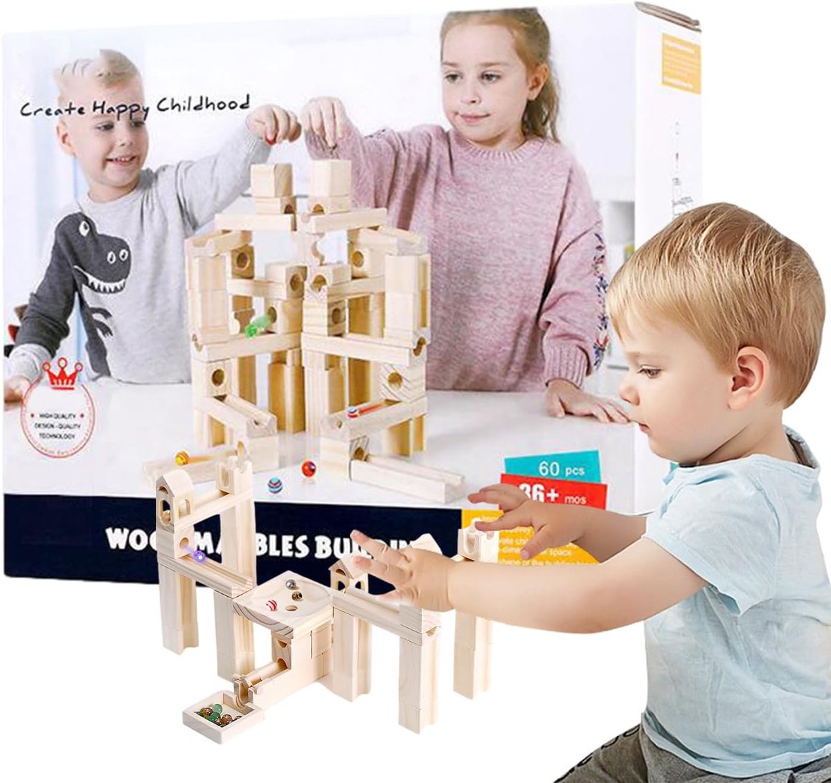 Houten Kogelbaan - STEM Bouwspel - Leren en Spelen - Veilig Glad Materiaal - 60 Ballen - Houtkleur