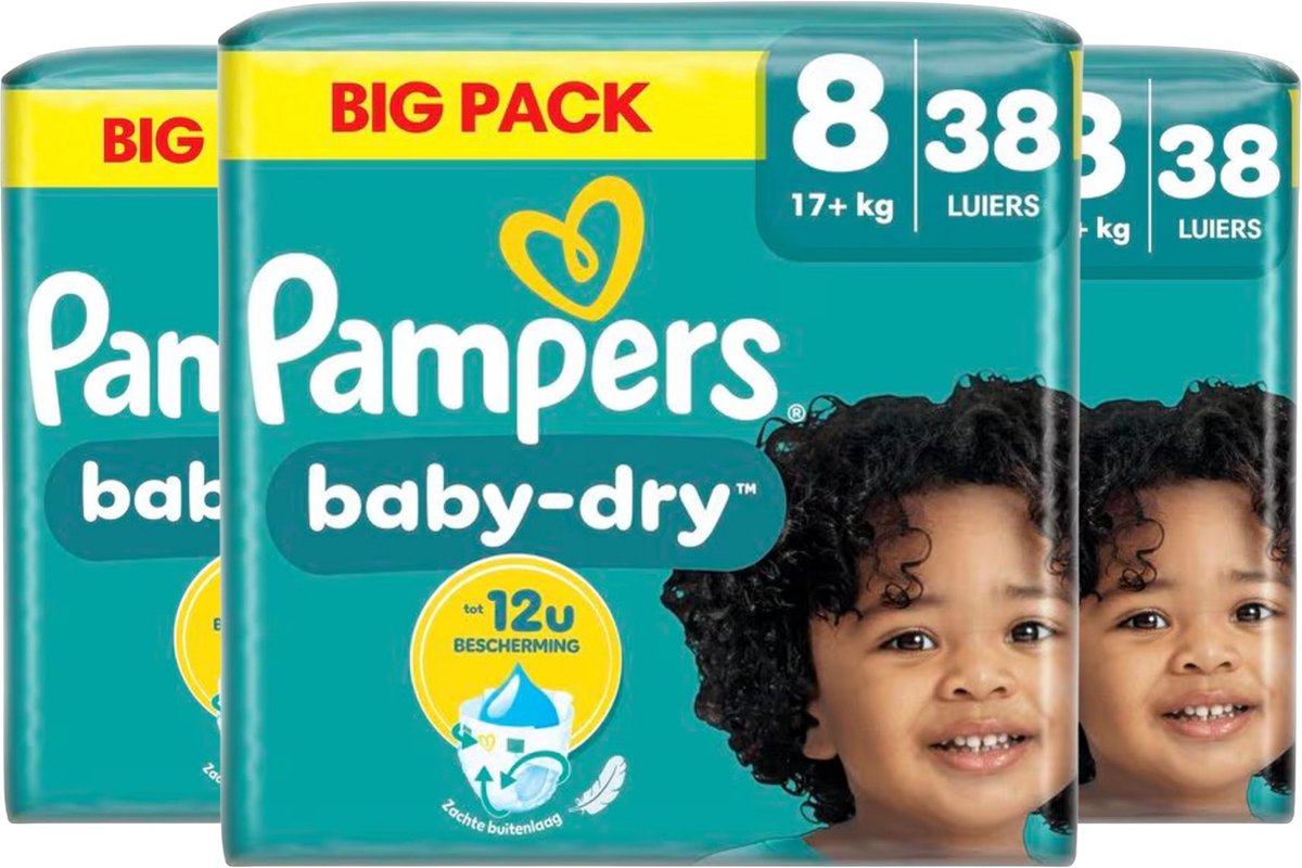 Pampers Baby-Dry luiers - Maat 8 - 114 luiers (17+ KG) - 3 x 38 stuks - Unieke extra laag - Absorberende kern - Flexibele zijkanten