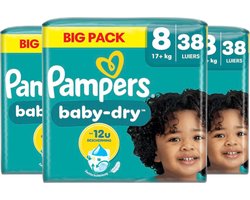 Pampers Baby-Dry luiers - Maat 8 - 114 luiers (17+ KG) - 3 x 38 stuks - Unieke extra laag - Absorberende kern - Flexibele zijkanten