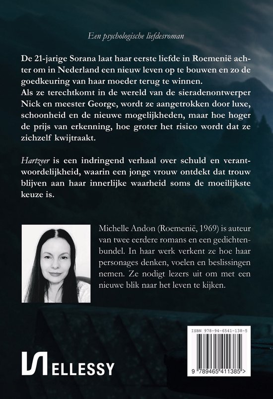 Boekomslag met tekst over de psychologische roman 'Hartzeer' van Michelle Andon. Ook een portret van de auteur.