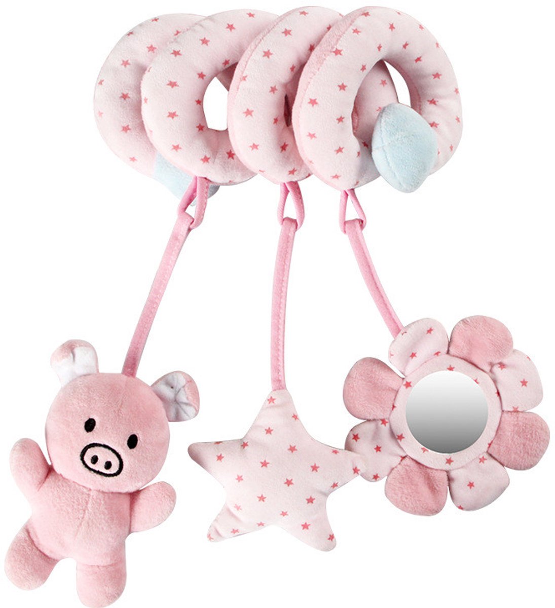COOAU - Boxspiraal Baby Speelgoed - Pluchen Knuffel met Rammelaar voor Kinderwagen, Autostoel & Buggy - Sensorisch Speelgoed voor Baby's van 0-6 Maanden - Unisex - Zacht & Veilig - Roze Varken